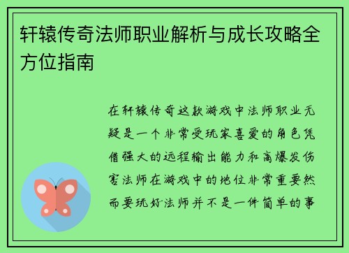 轩辕传奇法师职业解析与成长攻略全方位指南